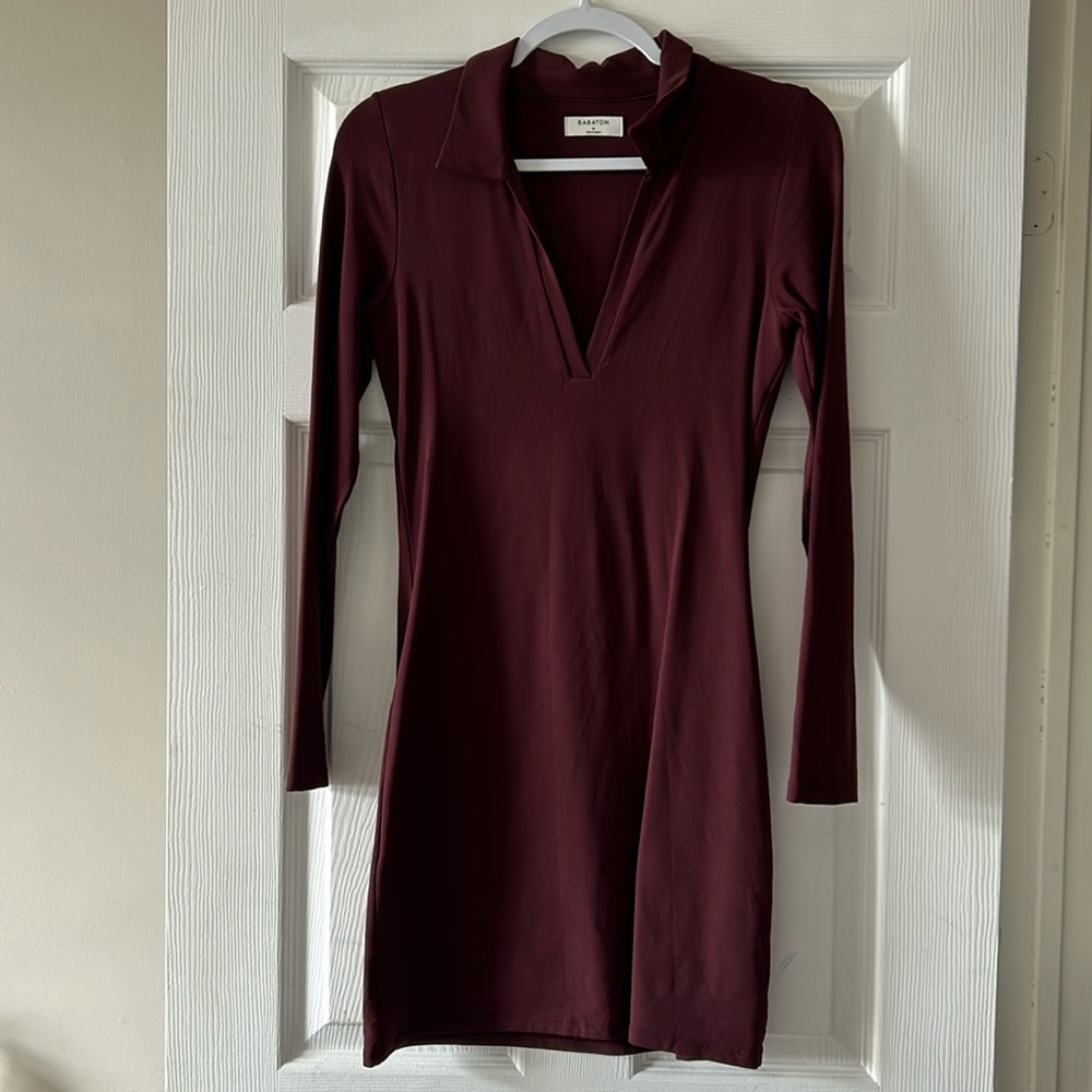 Babaton Burgundy Collar Dress Long Sleeve